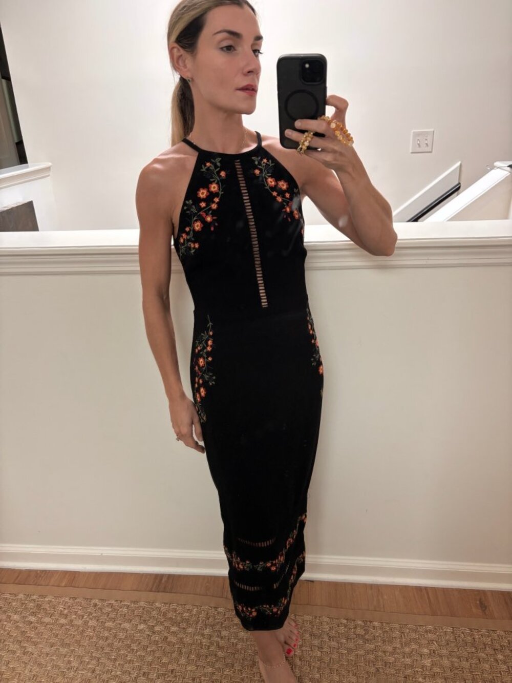 Embroidered Gianni Bini black halter midi dress